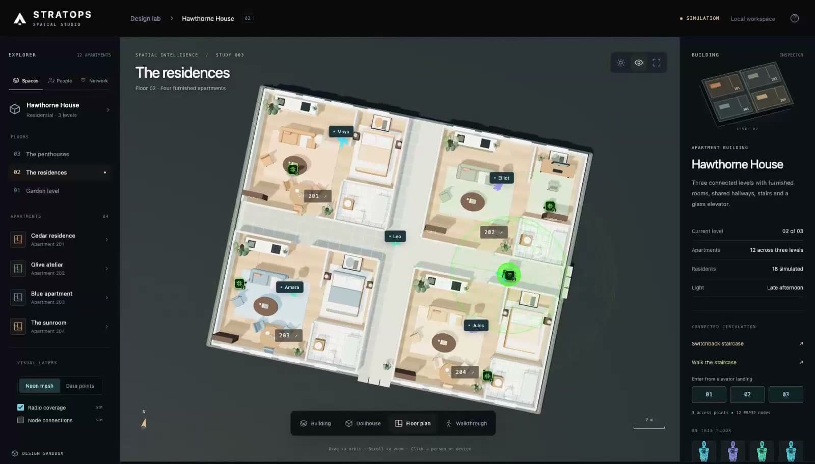 Overhead floor-plan view of four furnished apartments in Spatial Studio