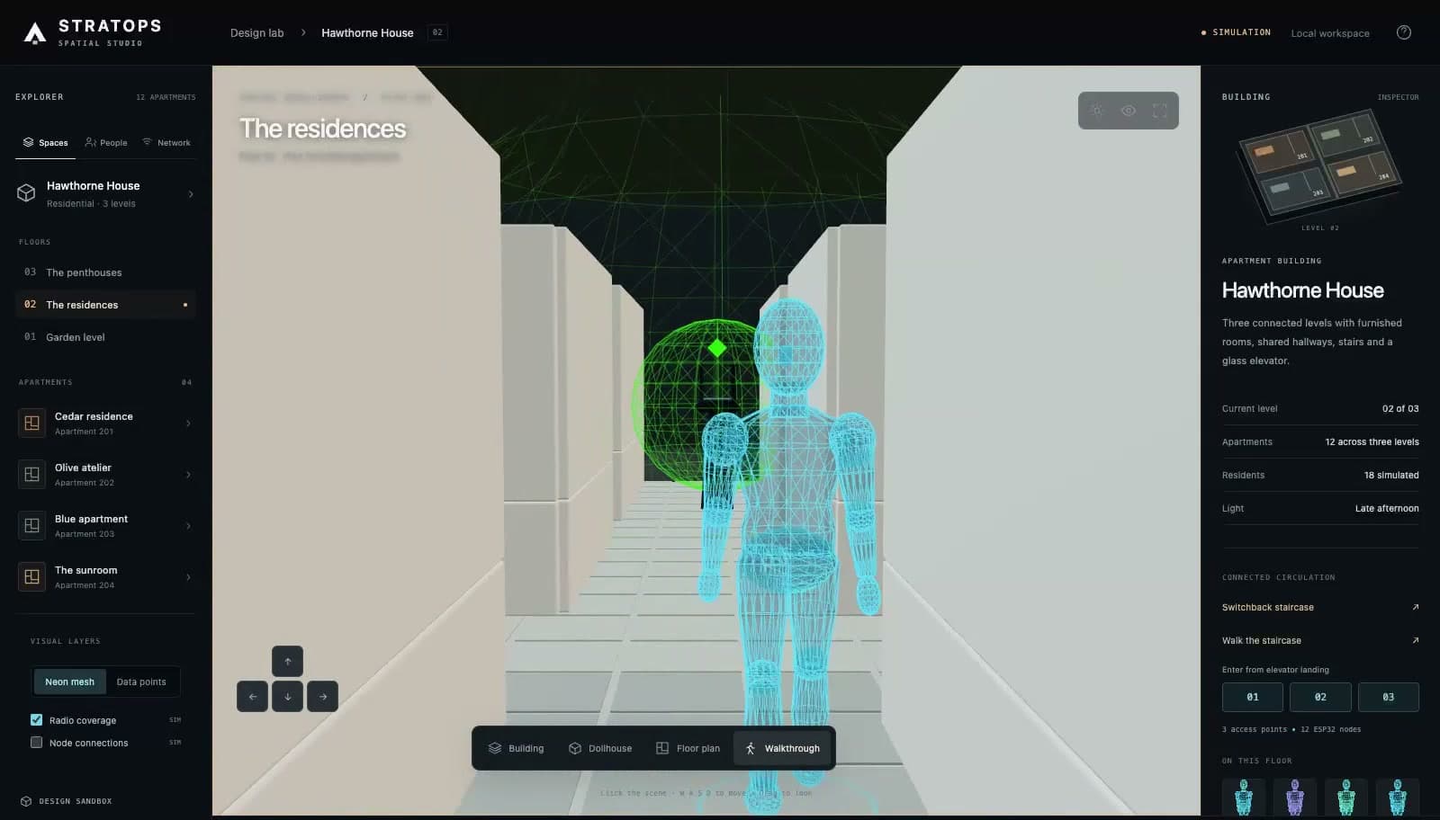 First-person interior walkthrough in StratOps Spatial Studio
