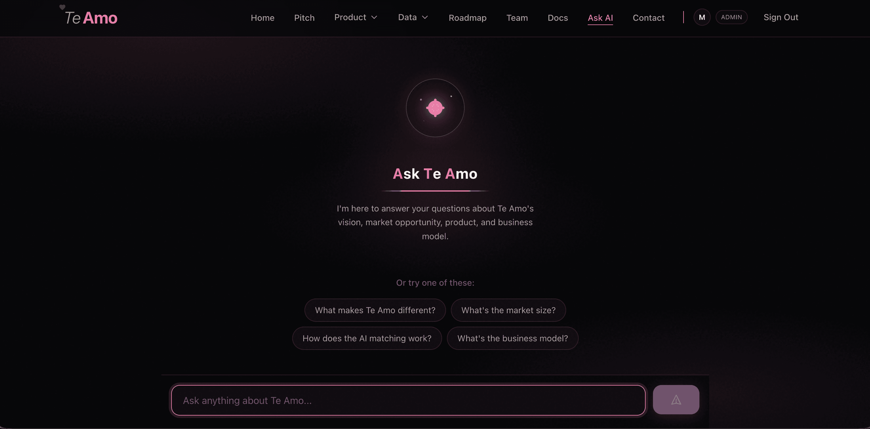 Ask Te Amo AI interface on the Te Amo website