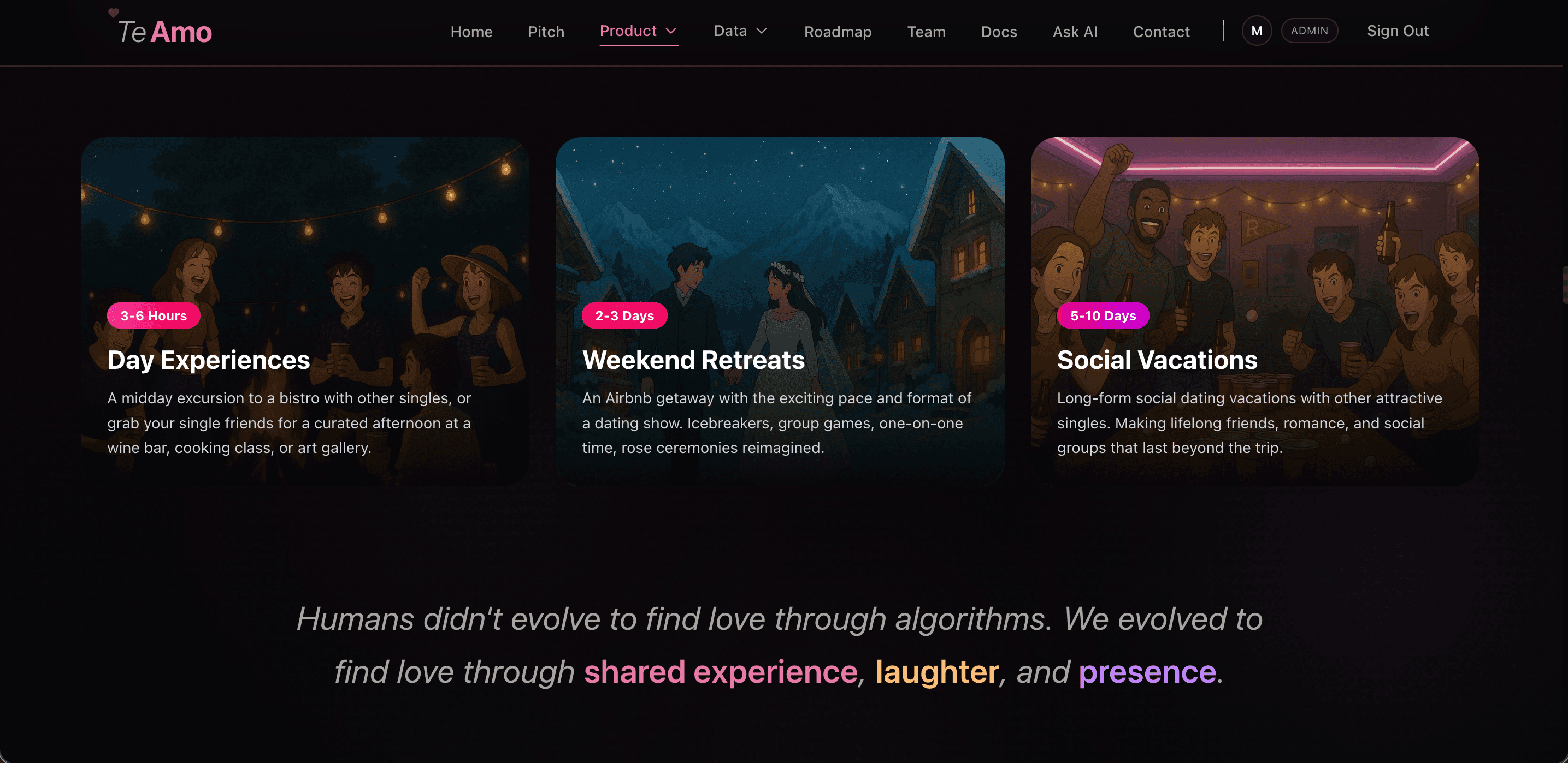Te Amo website experience formats: Day Experiences, Weekend Retreats, and Social Vacations