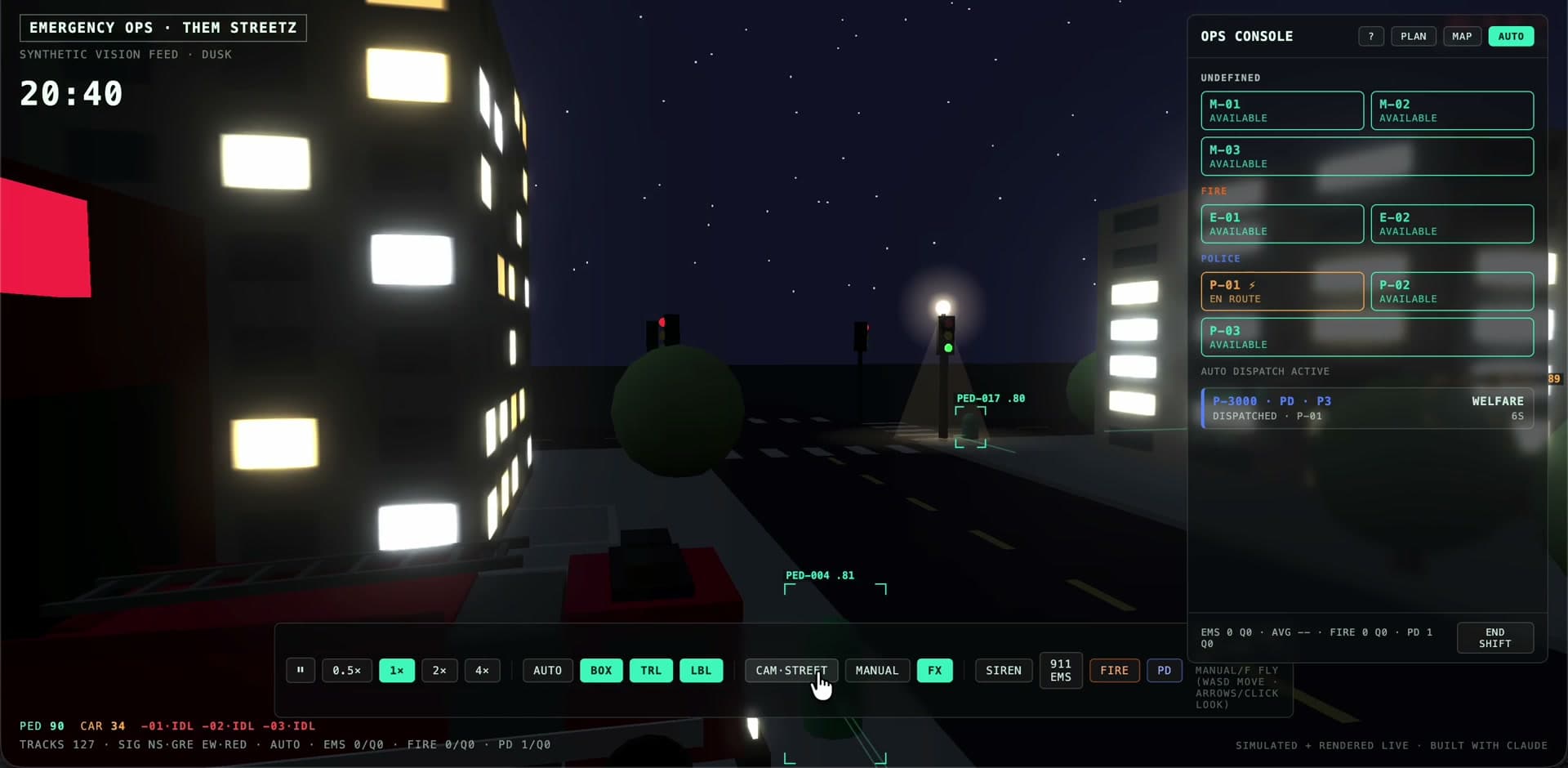 Street-level camera view with the dispatch console visible